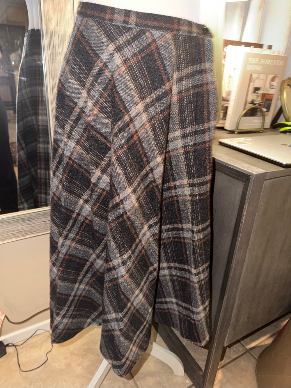 Salvage A-Line Plaid Midi Skirt in Black, Gray & Brown